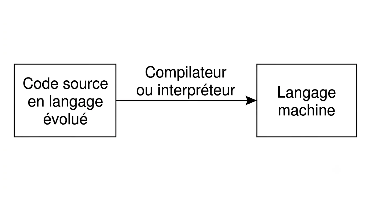 Diagramme : code source en langage évolué traduit en langage machine par un compilateur ou interpréteur