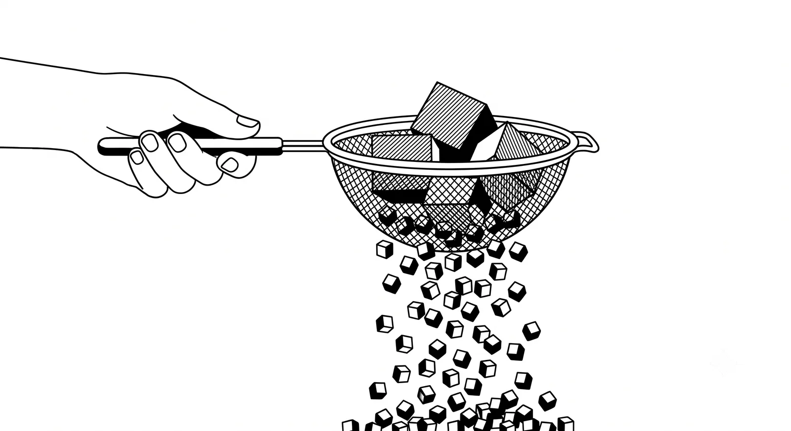 Un tamis filtrant des blocs : la plupart tombent, quelques-uns restent
